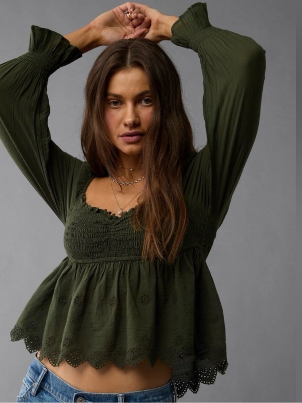 American Eagle Outfitters Olive Smocked Peplum Long-Sleeve Top - Women - Picture 1 of 12
